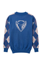 DePaul University Argyle Knit Sweater cardigan in Yale Blue, Denim, White and Chili Red with DIBS graphic by SOUNDOFF - back
