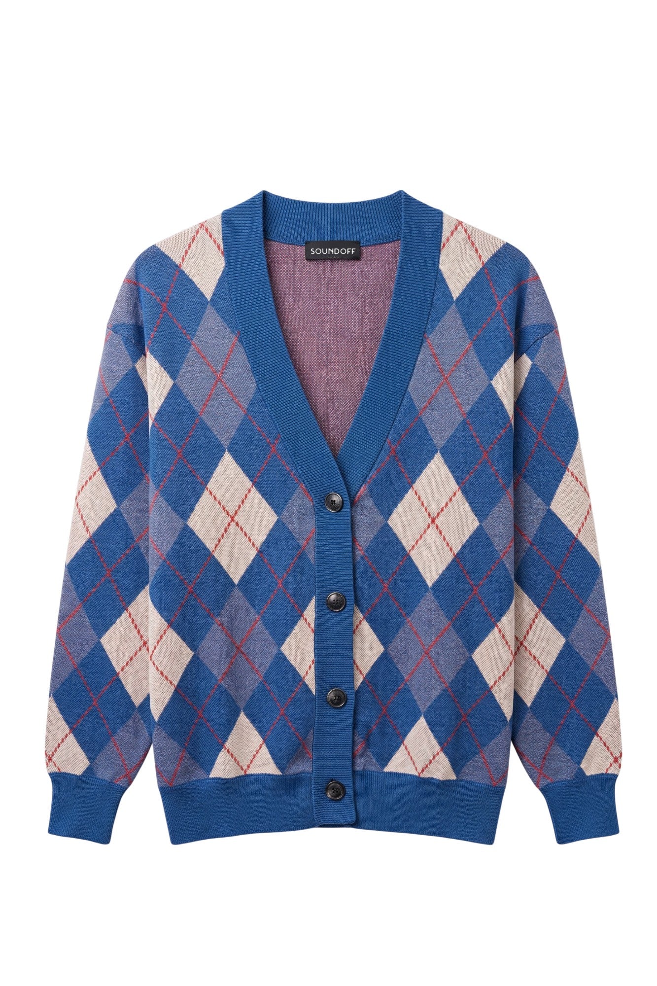 DePaul University Argyle Knit Sweater cardigan in Yale Blue, Denim, White and Chili Red with DIBS graphic by SOUNDOFF - front