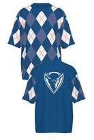 DePaul University Argyle Knit Sweater short sleeve in Yale Blue, Denim, White and Chili Red with DIBS graphic by SOUNDOFF - front and back