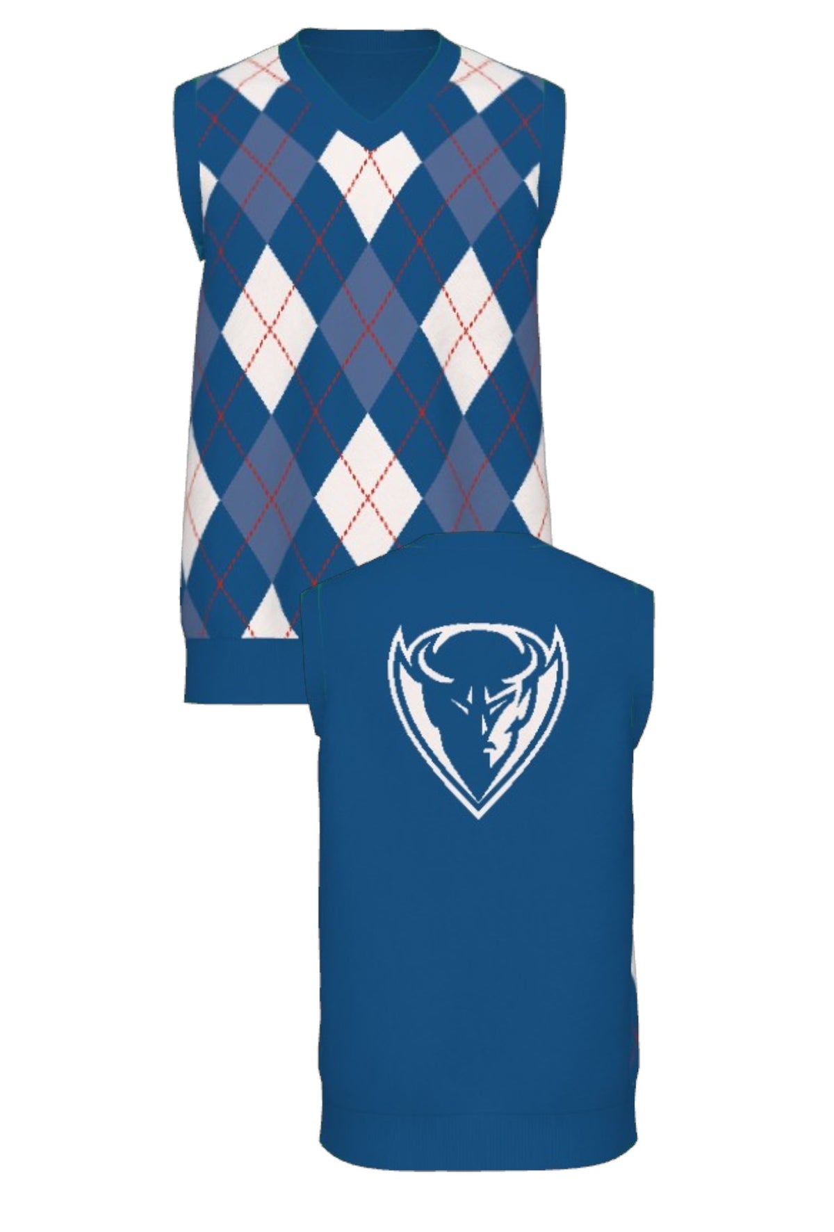 DePaul University Argyle Knit Sweater V-Neck Vest in Yale Blue, Denim, White and Chili Red with DIBS graphic by SOUNDOFF - front and back
