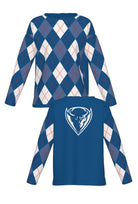 DePaul University Argyle Knit Sweater women's in Yale Blue, Denim, White and Chili Red with DIBS graphic by SOUNDOFF - front and back