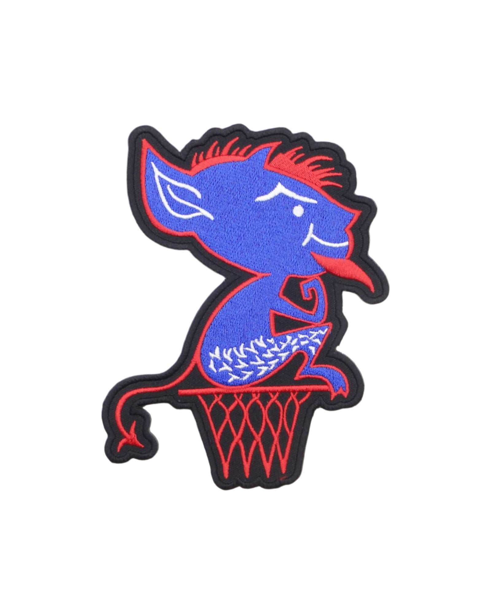 depaul university billy blue demon crest embroidered patch – premium iron-on patch featuring the official DePaul billy blue mascot in red and blue by soundoff