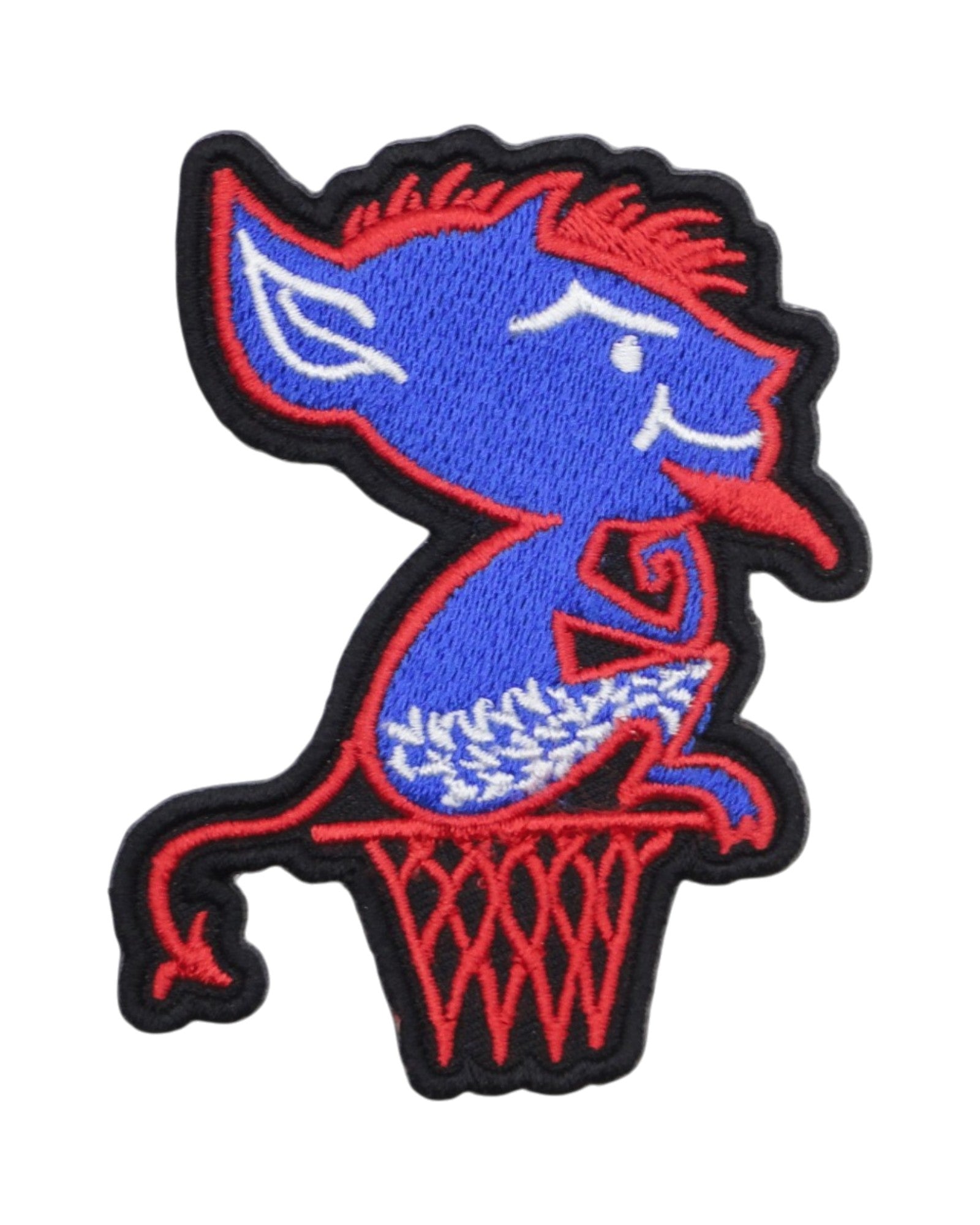 depaul university billy blue demons varsity embroidered patch – premium iron-on patch featuring the official DePaul billy blue mascot in red and blue by soundoff