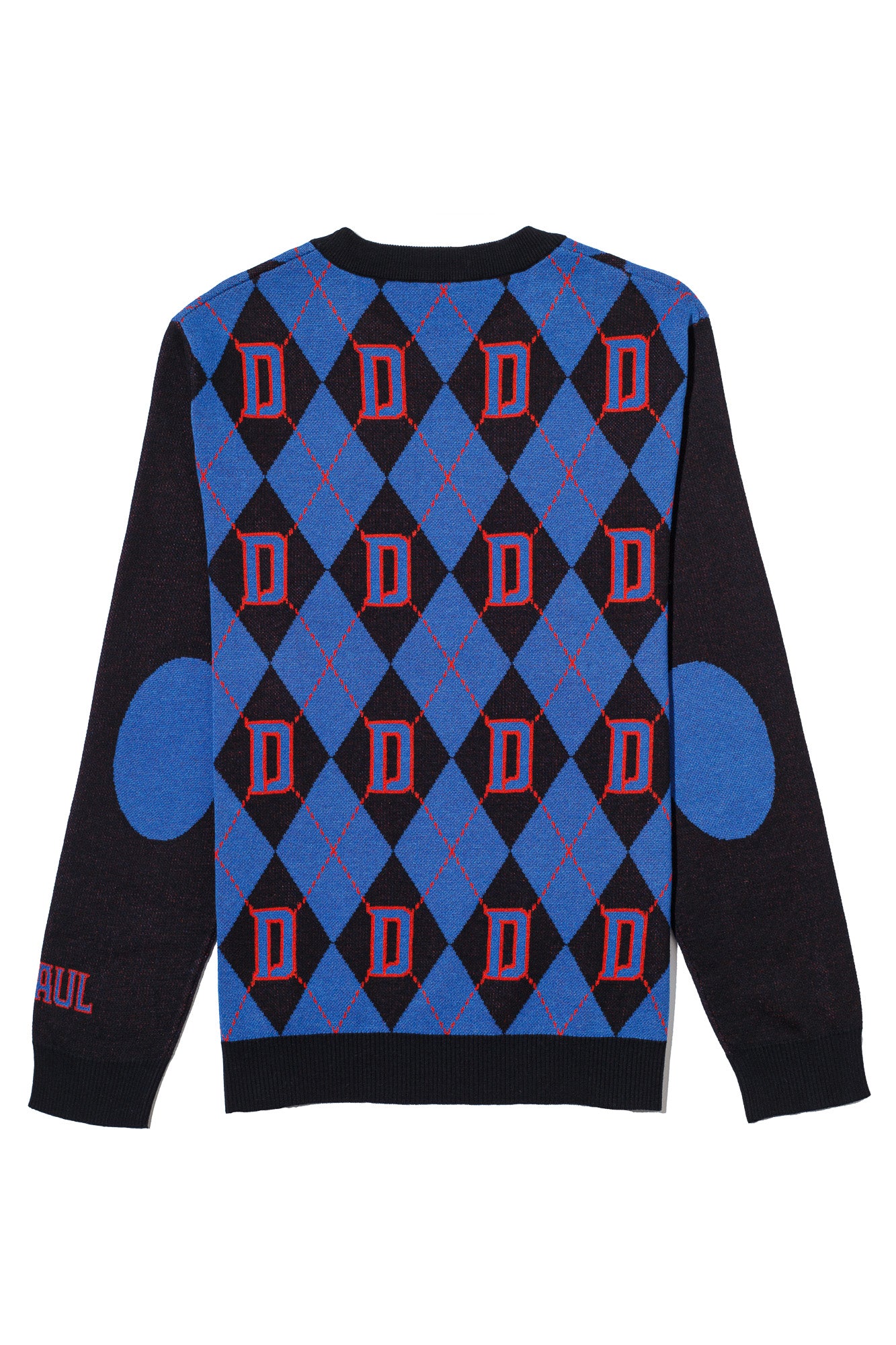 depaul university d argyle classic crew neck knit sweater in yale blue chili red and black – blue demons collegiate apparel by Soundoff - back view.