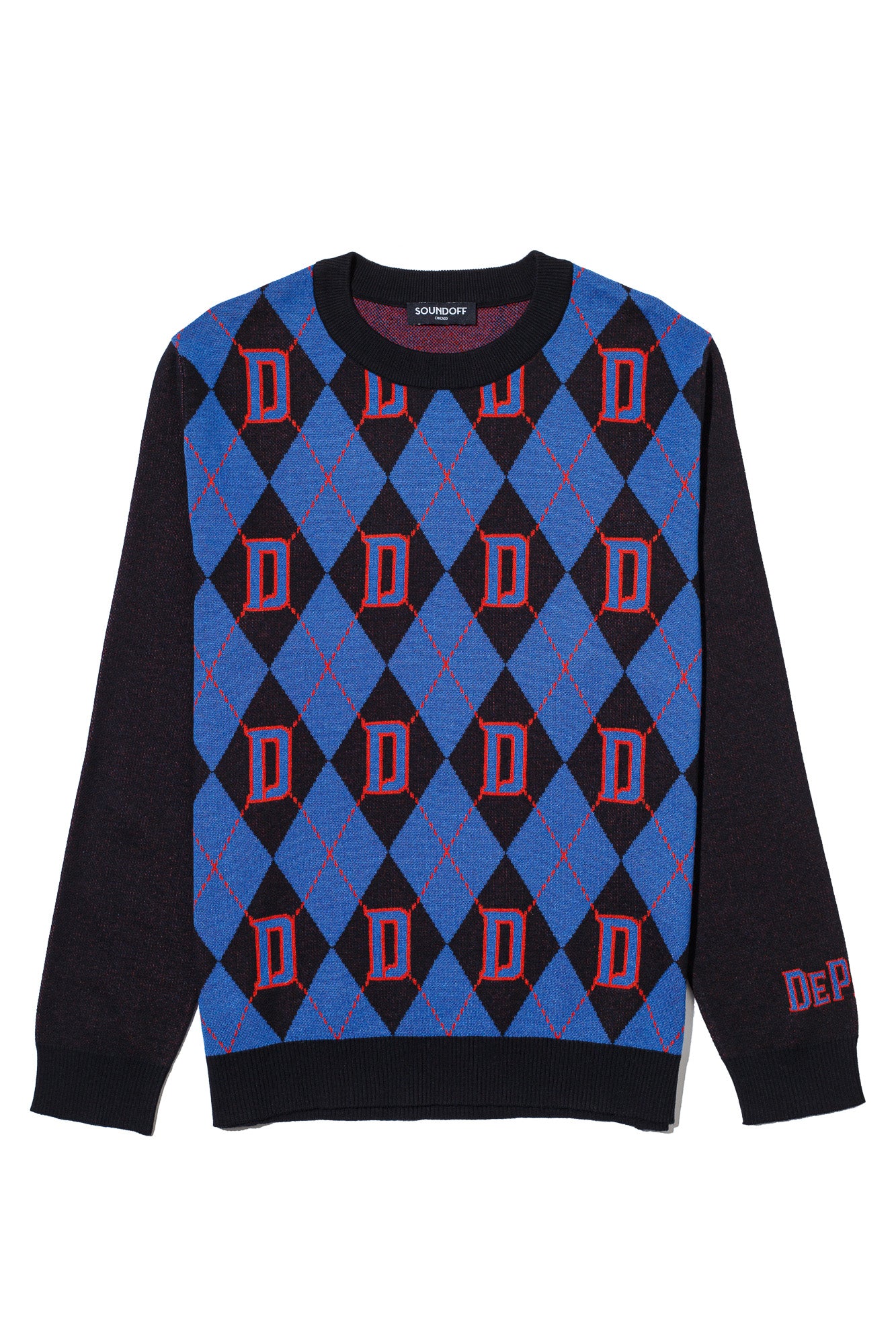depaul university d argyle classic crew neck knit sweater in yale blue chili red and black – blue demons collegiate apparel by Soundoff - front view.