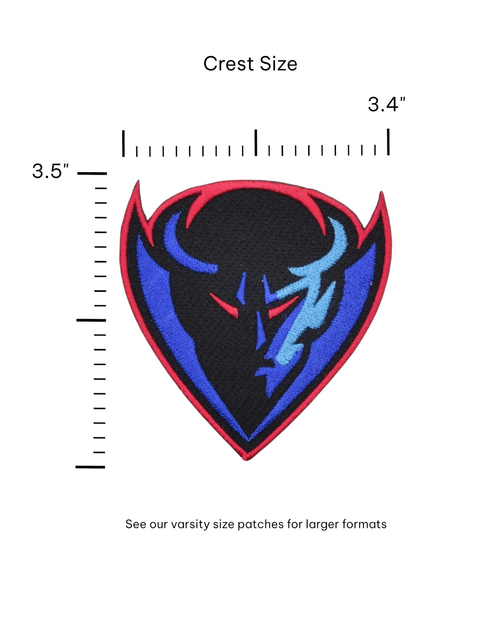 depaul university dibs blue demons embroidered crest patch – premium iron-on patch featuring the official DePaul mascot in red, blue, and black by soundoffwith size.
