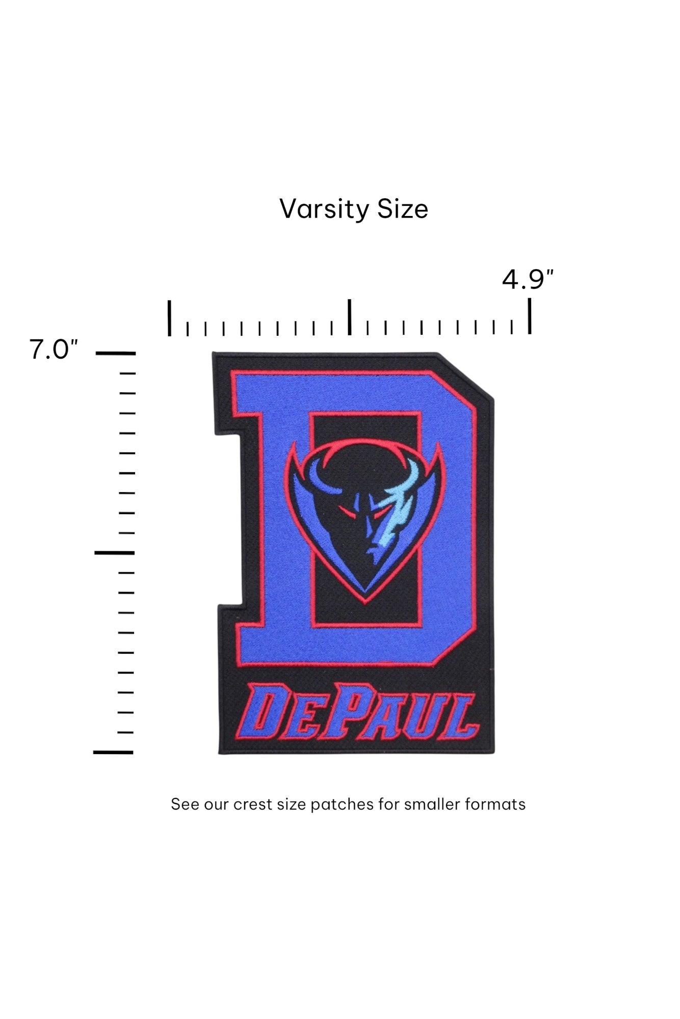 DePaul University DIBS Varsity D embroidered patch – premium iron-on patch featuring DePaul’s mascot DIBS and varsity D logo in red, blue, and black, 4.9 inches wide by 7.0 inches tall by SOUNDOFF - size