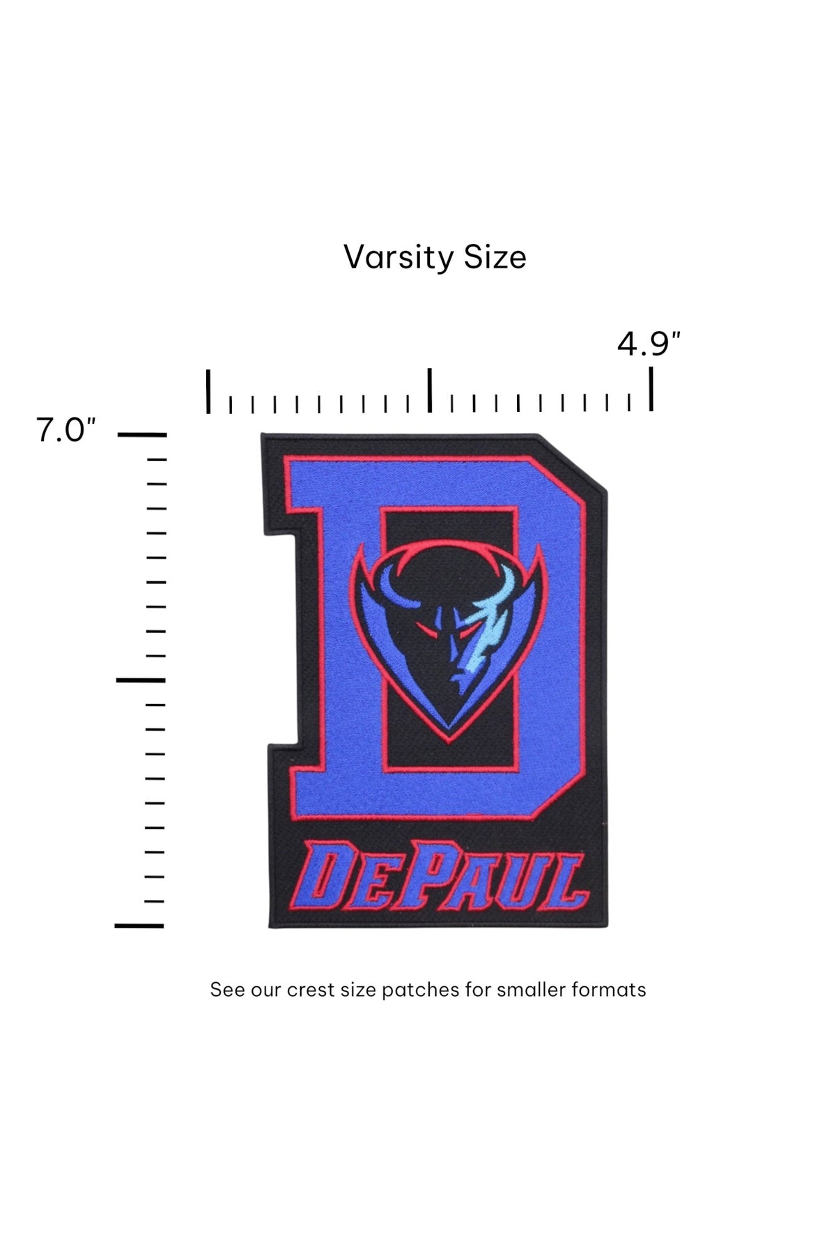 DePaul University DIBS Varsity D embroidered patch – premium iron-on patch featuring DePaul’s mascot DIBS and varsity D logo in red, blue, and black, 4.9 inches wide by 7.0 inches tall by SOUNDOFF - size