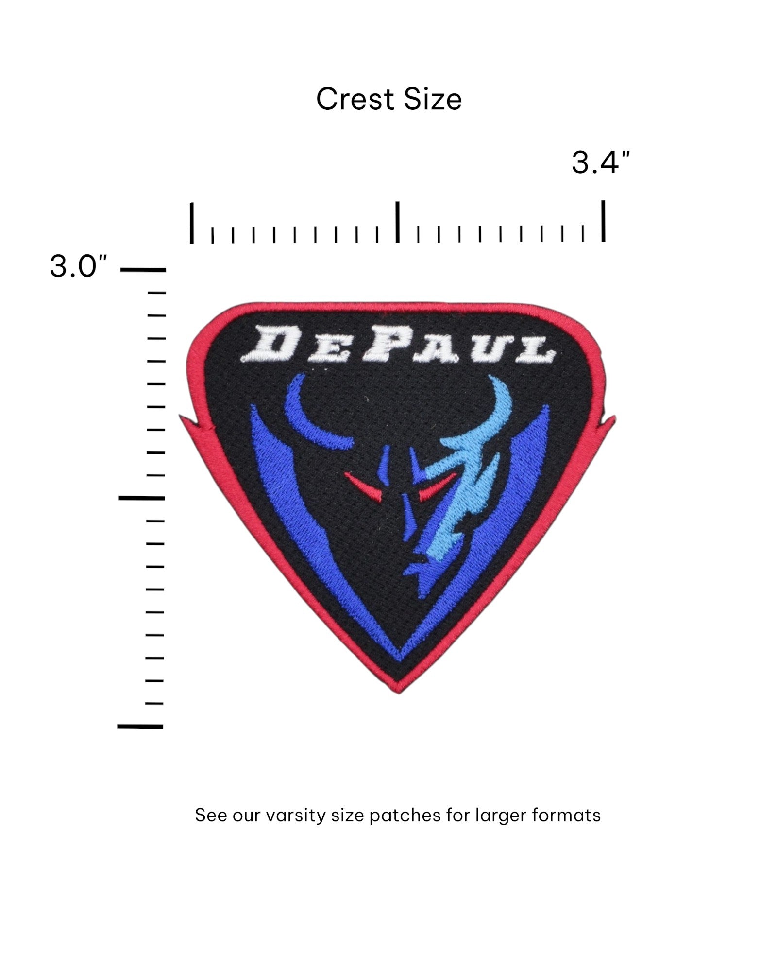 depaul university dibs blue demons embroidered crest patch – premium iron-on patch in red, blue, and black featuring the official DePaul mascot by soundoff with size.