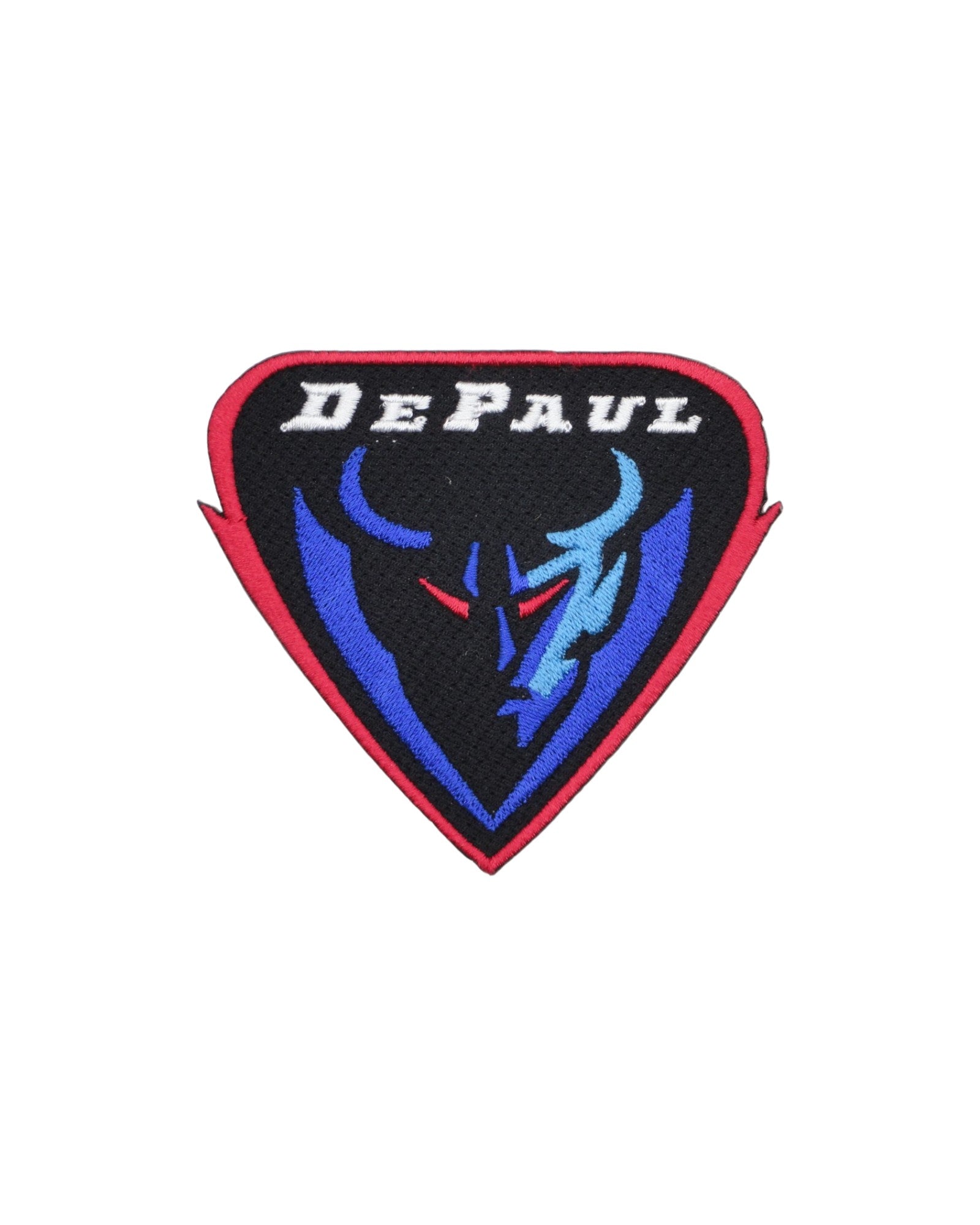 depaul university dibs blue demons embroidered crest patch – premium iron-on patch in red, blue, and black featuring the official DePaul mascot by soundoff