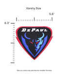 DePaul University DIBS Blue Demons varsity embroidered patch – premium iron-on patch in red, blue, and black featuring the official DePaul mascot, 5.6 inches wide by 6.2 inches tall by SOUNDOFF - size