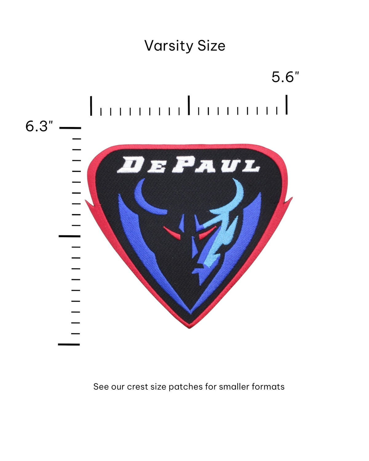 DePaul University DIBS Blue Demons varsity embroidered patch – premium iron-on patch in red, blue, and black featuring the official DePaul mascot, 5.6 inches wide by 6.2 inches tall by SOUNDOFF - size