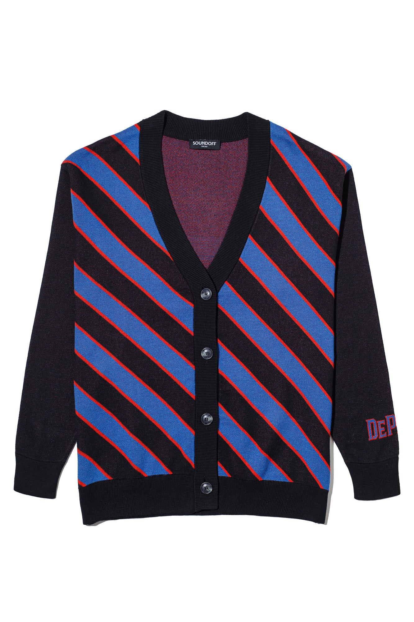 depaul university repp stripe cardigan knit sweater in yale blue chili red and black inspired by collegiate sports and varsity tradition by soundoff – front view