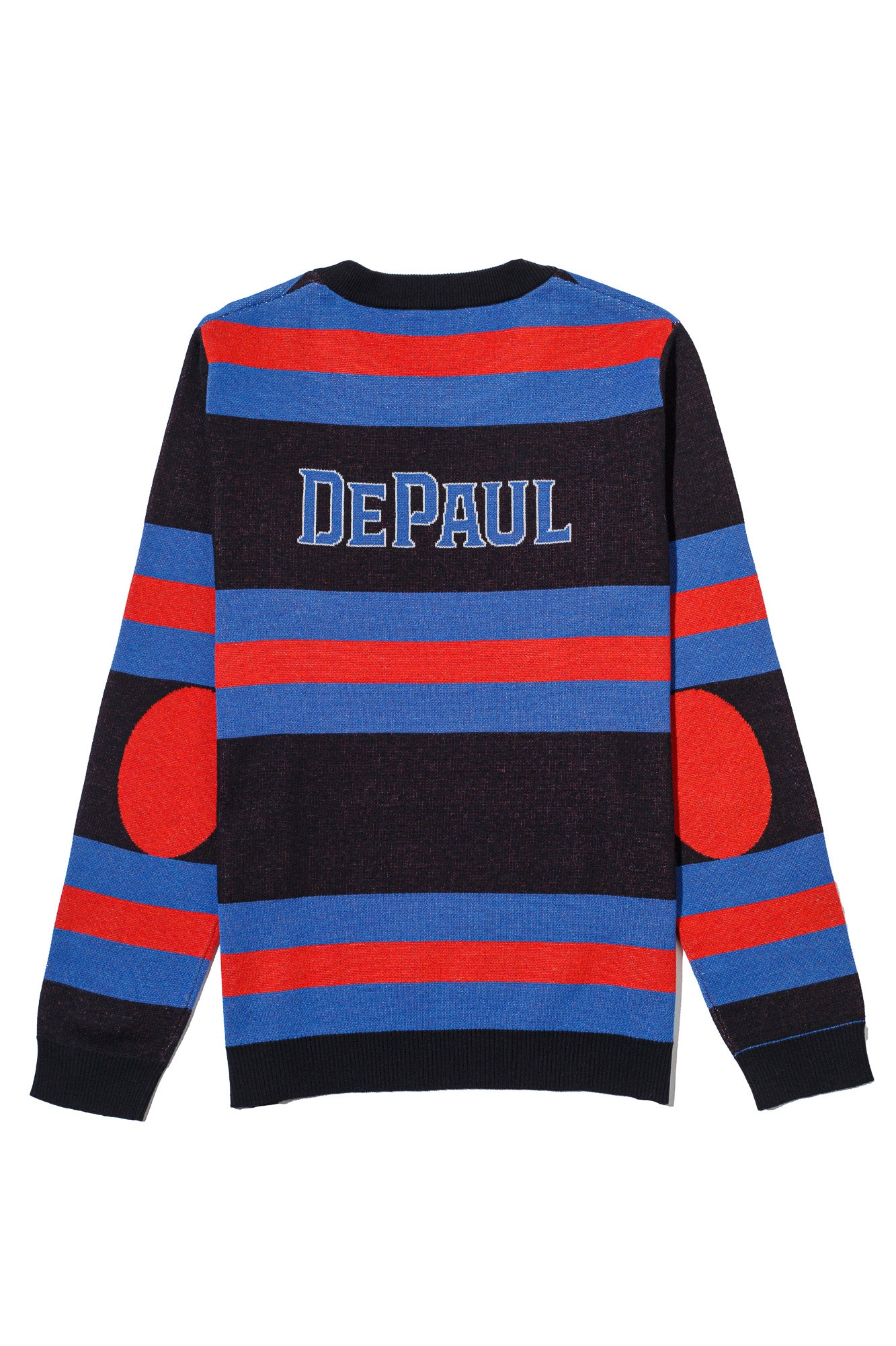 DePaul University Rugby Stripe Classic Crew Neck Knit Sweater back view with Yale Blue and Chili Red rugby stripes inspired by collegiate sports and varsity heritage.