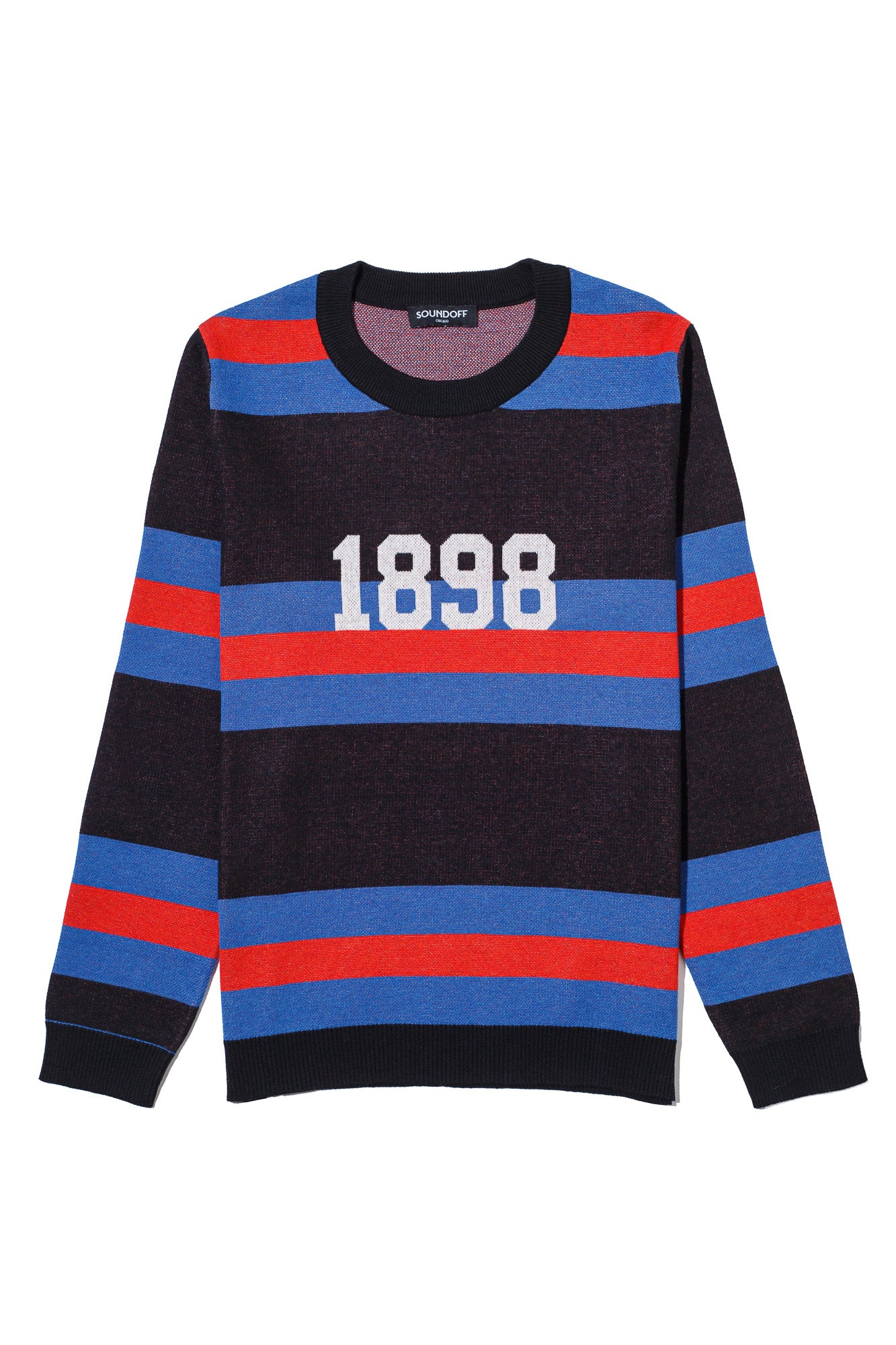 DePaul University Rugby Stripe Classic Crew Neck Knit Sweater front view with Yale Blue and Chili Red rugby stripes inspired by collegiate sports and varsity heritage.