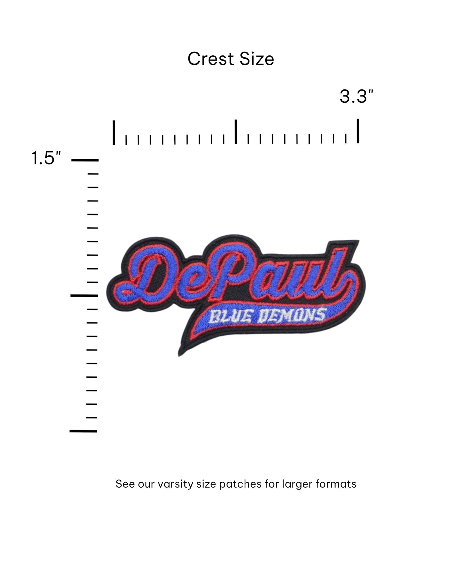 depaul university blue demons script embroidered crest patch front view – premium iron-on patch in red and blue featuring the official depaul blue demons logo by soundoff with size