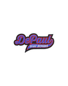 depaul university blue demons script embroidered crest patch front view – premium iron-on patch in red and blue featuring the official depaul blue demons logo by soundoff