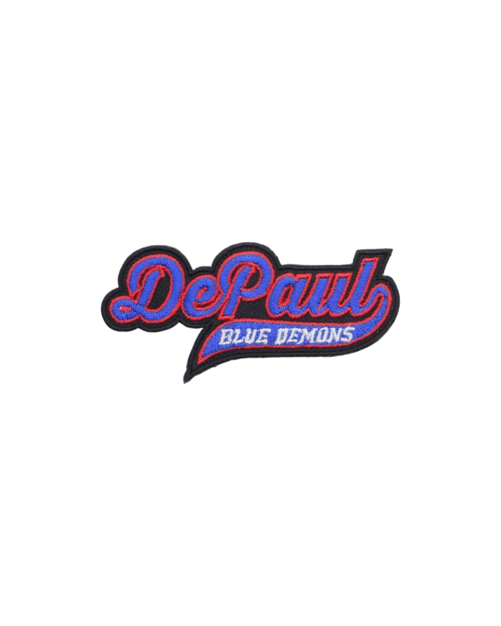 depaul university blue demons script embroidered crest patch front view – premium iron-on patch in red and blue featuring the official depaul blue demons logo by soundoff
