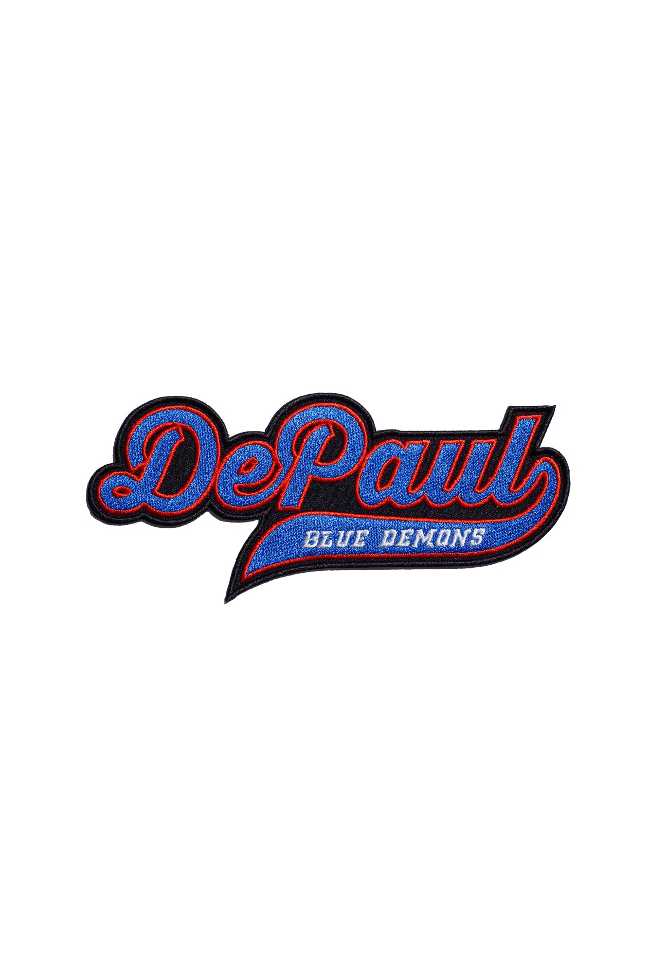 DePaul University Blue Demons Script Embroidered Patch front view – premium iron-on patch in red and blue featuring the official DePaul Blue Demons logo, Varsity size - 7.0 inches wide by 3.0 inches tall by Soundoff