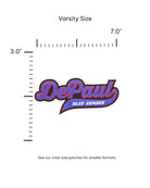 DePaul University Blue Demons Script Embroidered Varsity Patch front view – premium iron-on patch in red and blue featuring the official DePaul Blue Demons logo, Varsity size - 7.0 inches wide by 3.0 inches tall by Soundoff