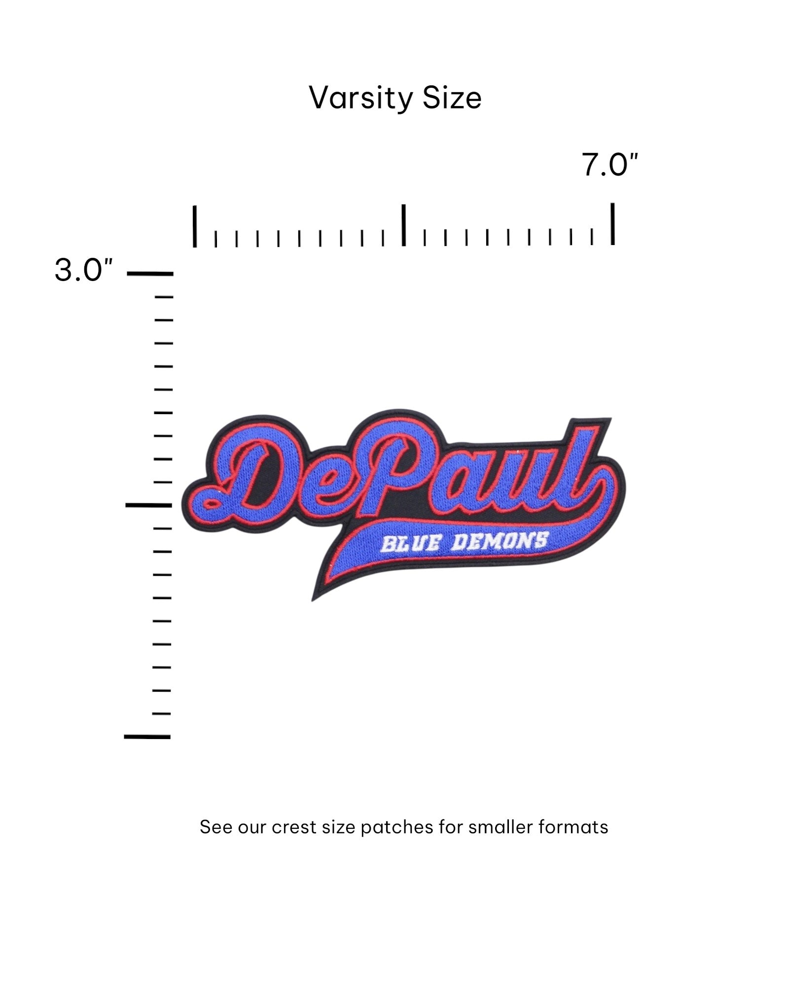 DePaul University Blue Demons Script Embroidered Varsity Patch front view – premium iron-on patch in red and blue featuring the official DePaul Blue Demons logo, Varsity size - 7.0 inches wide by 3.0 inches tall by Soundoff