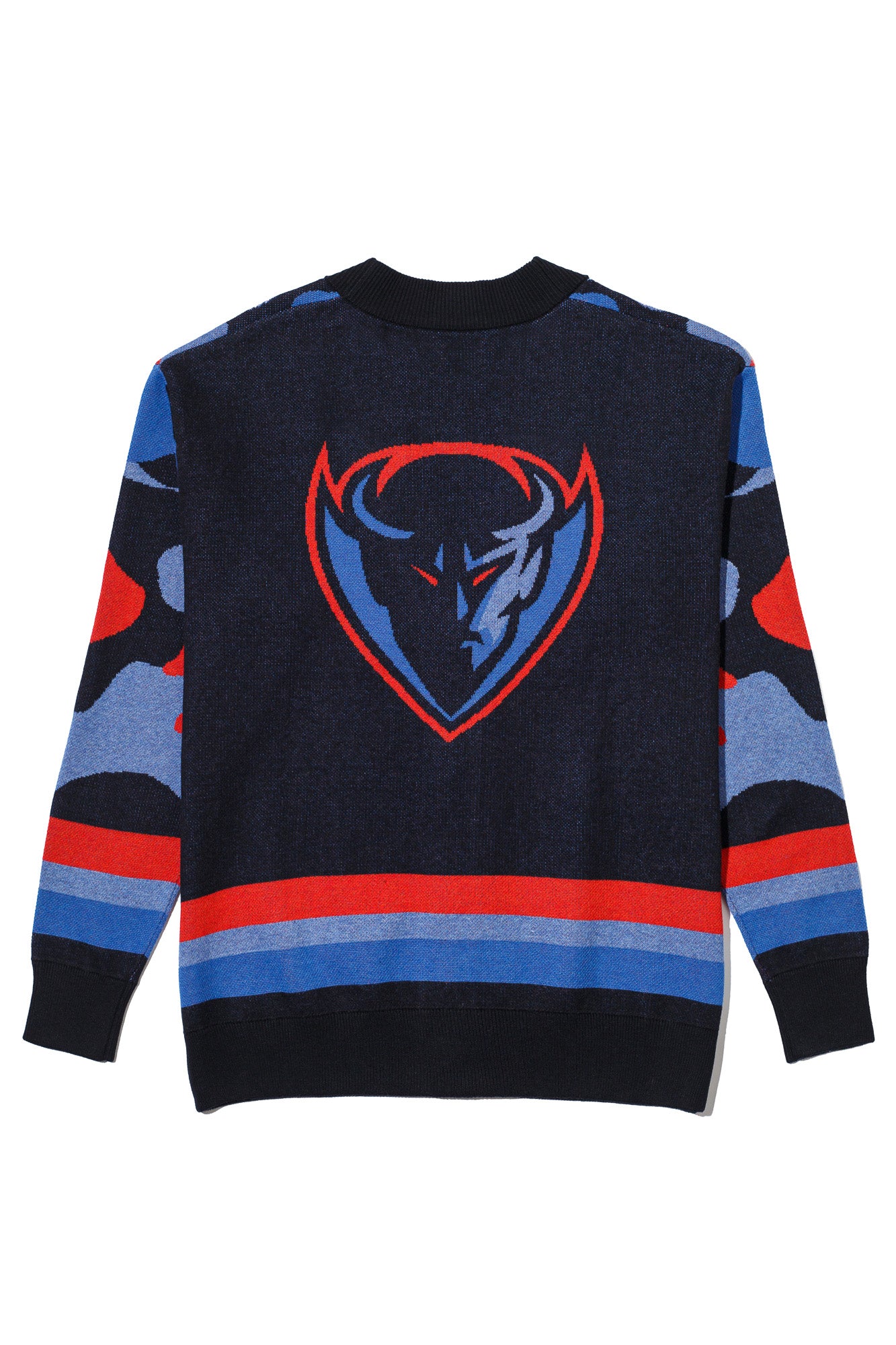 DePaul University Banded Camo Knit Cardigan Sweater – Blue Demons by You, back view in Blue Demon blue and red camouflage pattern.