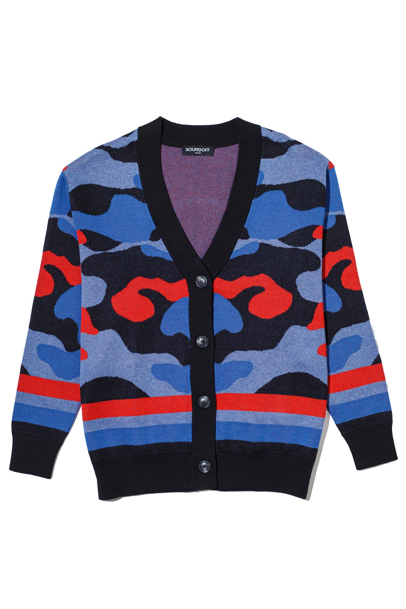 DePaul University Banded Camo Knit Cardigan Sweater – Blue Demons by You, front view in Blue Demon blue and red camouflage pattern.