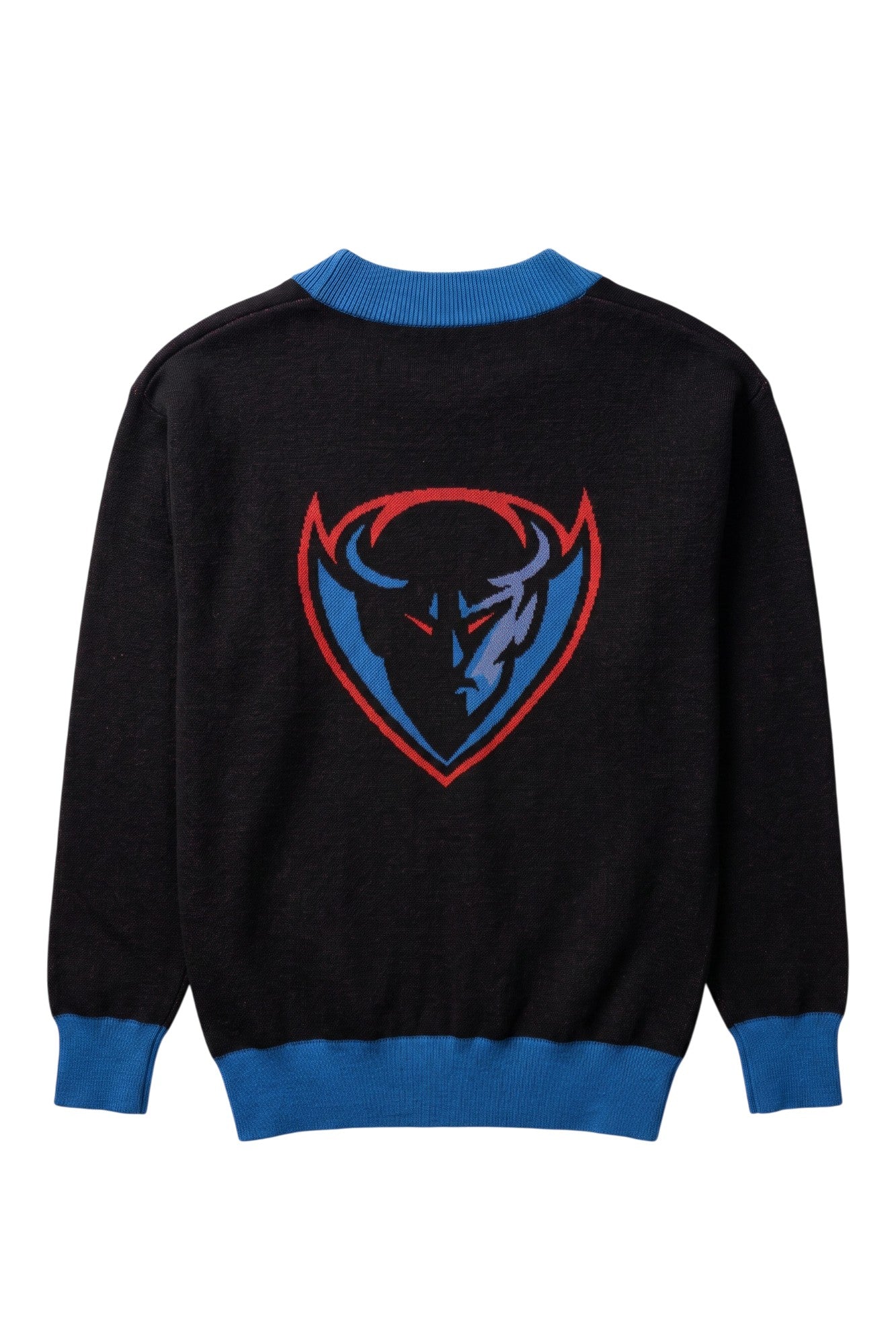 DePaul University Blue Demons DIBS Chicago Knit Sweater cardigan in Black with Chicago stars, DIBS graphic and Yale Blue trim by SOUNDOFF - back