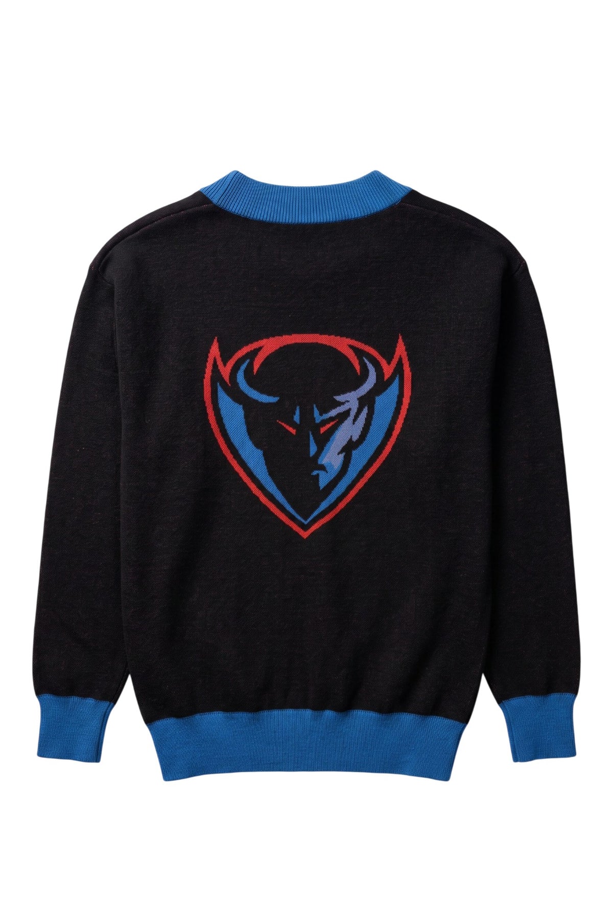 DePaul University Blue Demons DIBS Chicago Knit Sweater cardigan in Black with Chicago stars, DIBS graphic and Yale Blue trim by SOUNDOFF - back