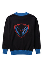 DePaul University Blue Demons DIBS Chicago Knit Sweater cardigan in Black with Chicago stars, DIBS graphic and Yale Blue trim by SOUNDOFF - back