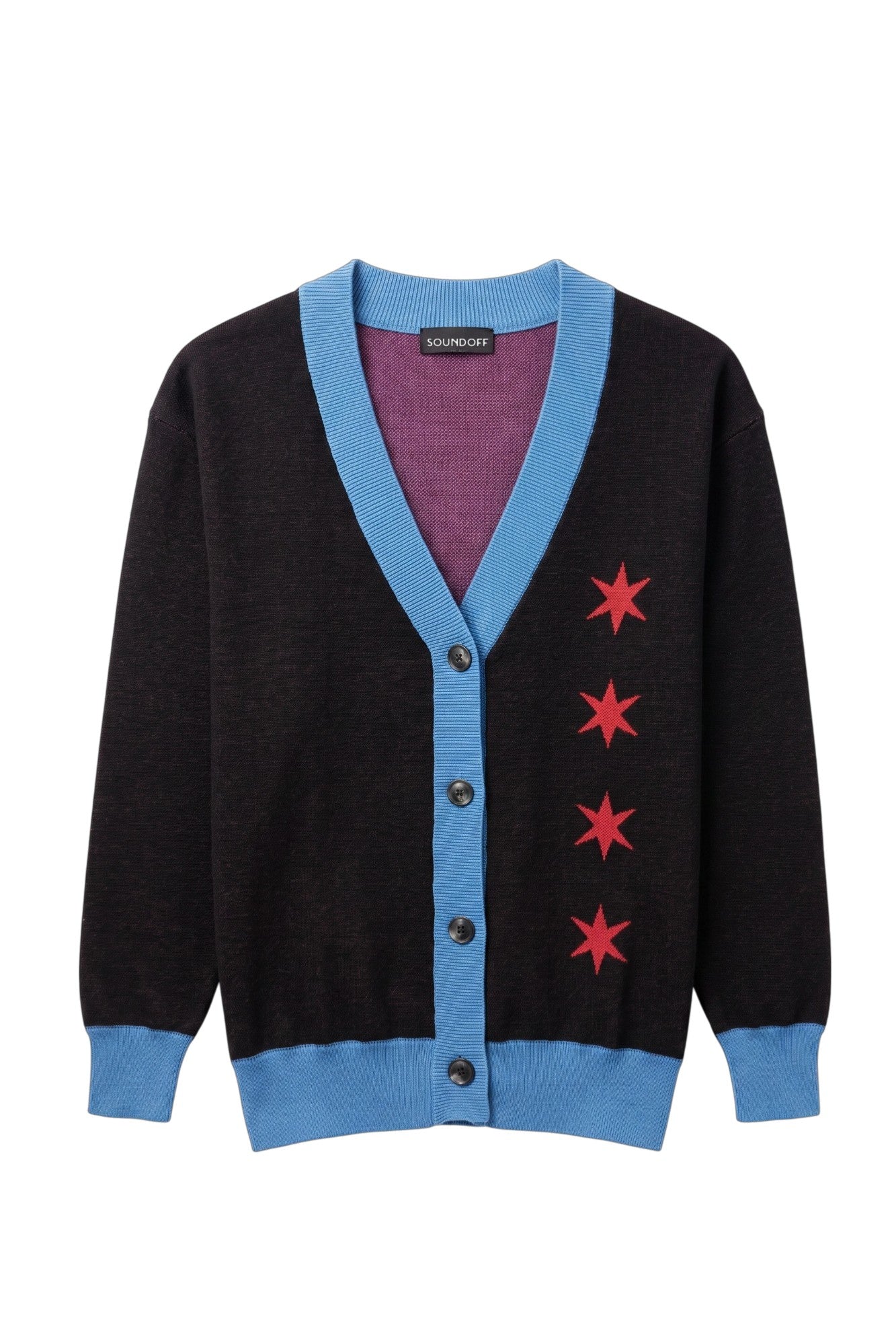 DePaul University Blue Demons DIBS Chicago Knit Sweater cardigan in Black with Chicago stars, DIBS graphic and Yale Blue trim by SOUNDOFF - front