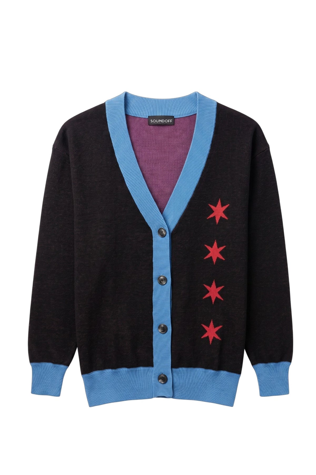 DePaul University Blue Demons DIBS Chicago Knit Sweater cardigan in Black with Chicago stars, DIBS graphic and Yale Blue trim by SOUNDOFF - front