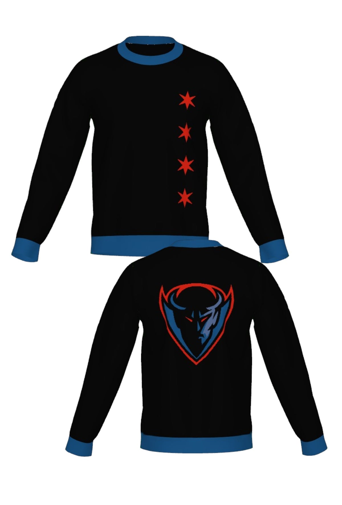 DePaul University Blue Demons DIBS Chicago Knit Sweater crew neck in Black with Chicago stars, DIBS graphic and Yale Blue trim by SOUNDOFF - front and back