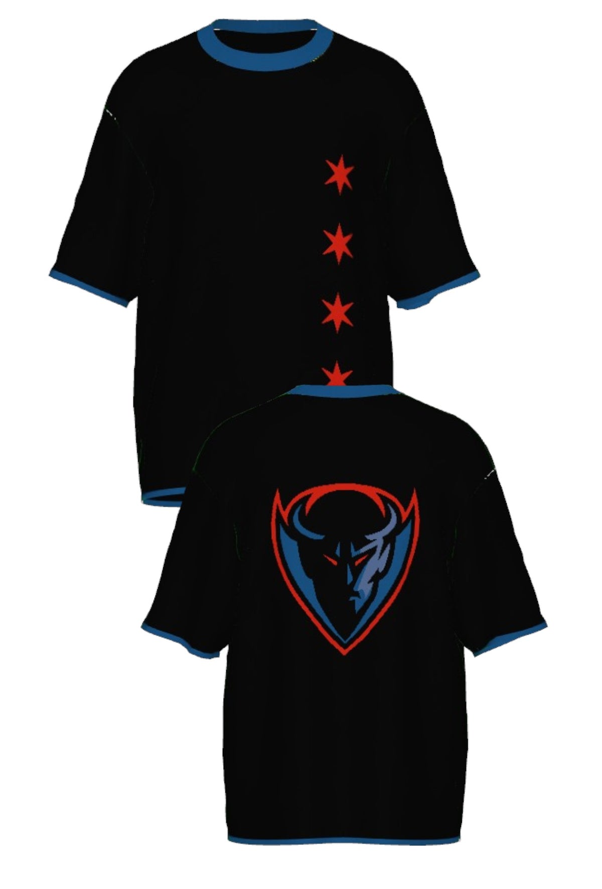 DePaul University Blue Demons DIBS Chicago Knit Sweater  short sleeve in Black with Chicago stars, DIBS graphic and Yale Blue trim by SOUNDOFF - front and back