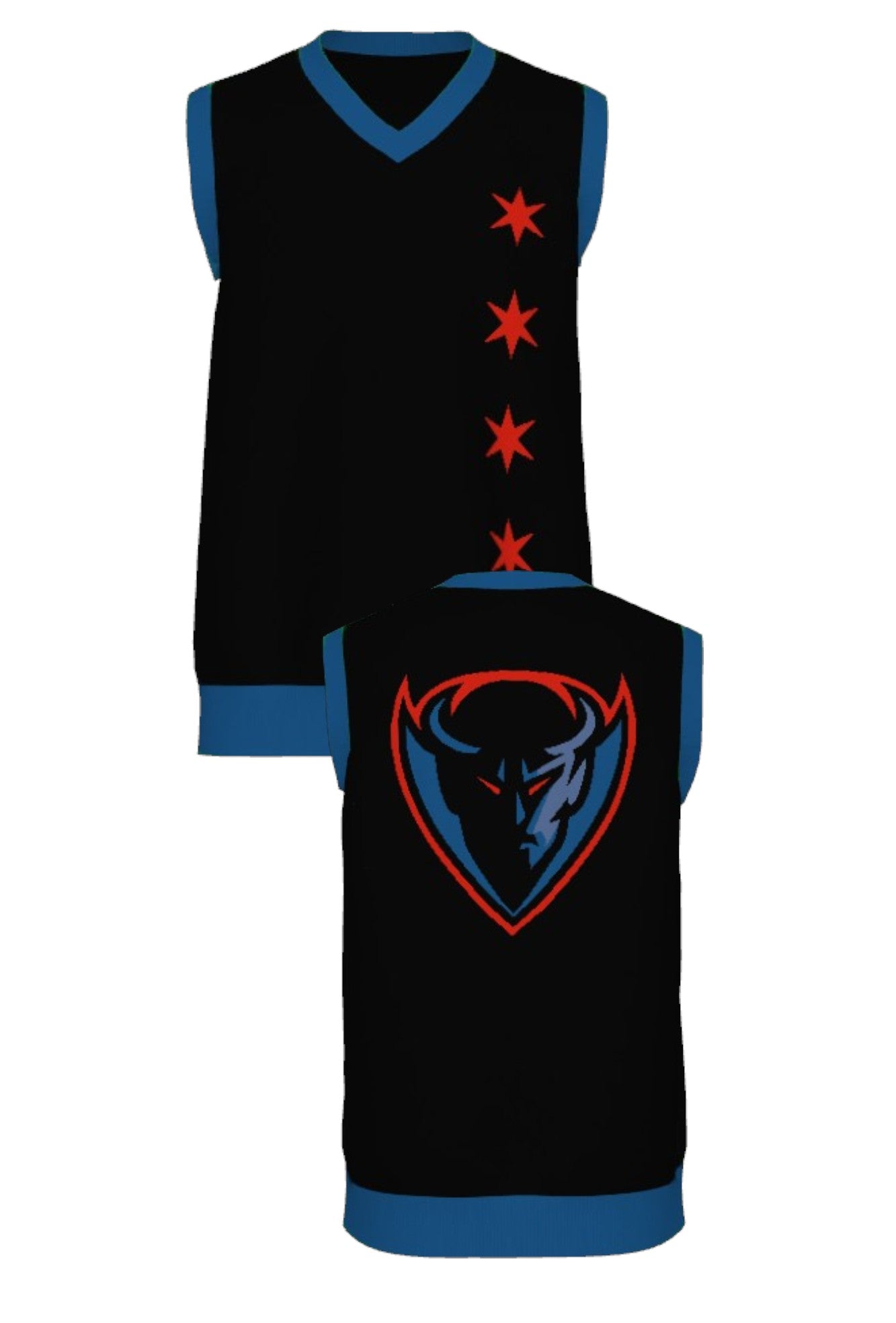 DePaul University Blue Demons DIBS Chicago Knit Sweater V-Neck Vest in Black with Chicago stars, DIBS graphic and Yale Blue trim by SOUNDOFF - front and back