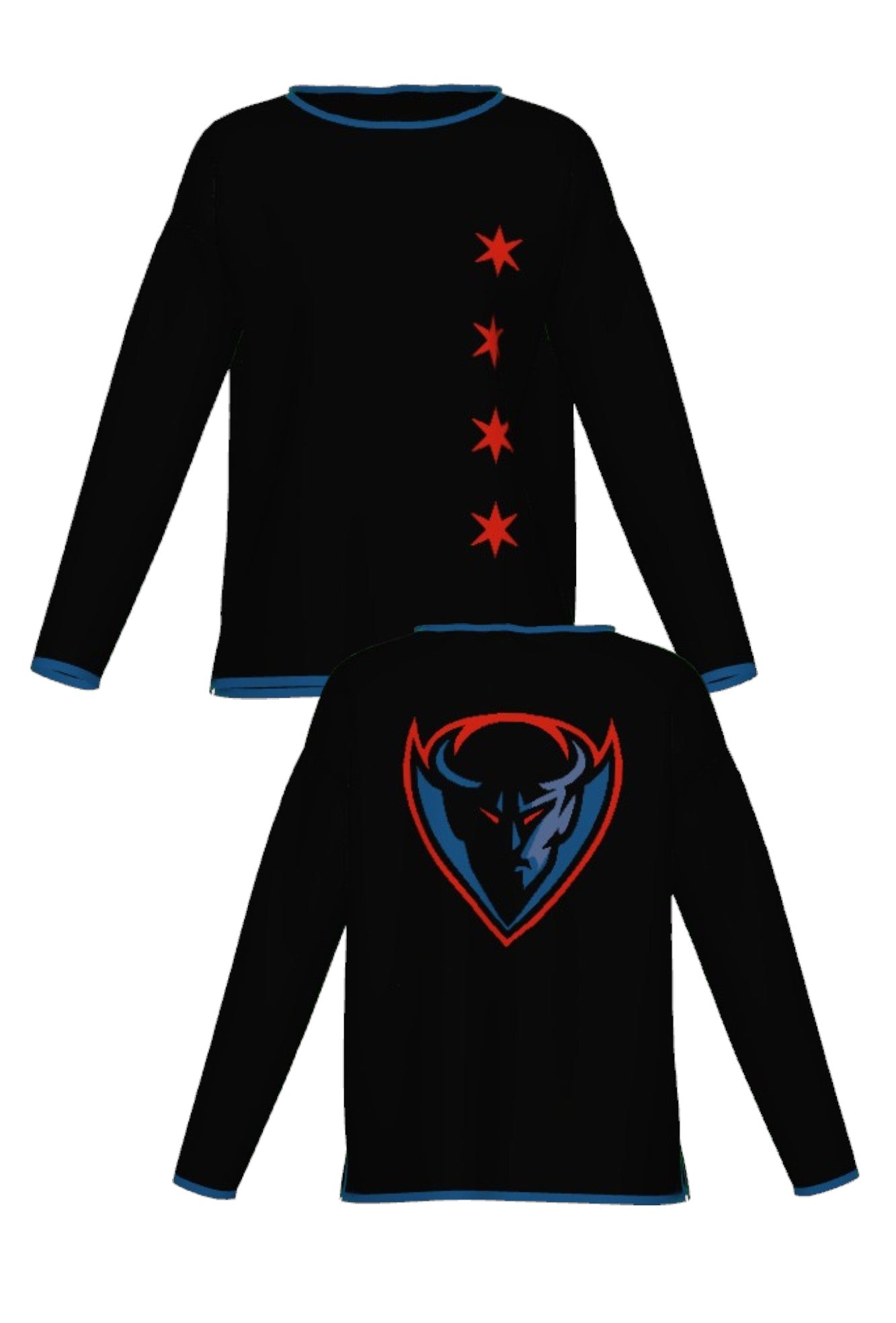 DePaul University Blue Demons DIBS Chicago Knit Sweater women's in Black with Chicago stars, DIBS graphic and Yale Blue trim by SOUNDOFF - front and back