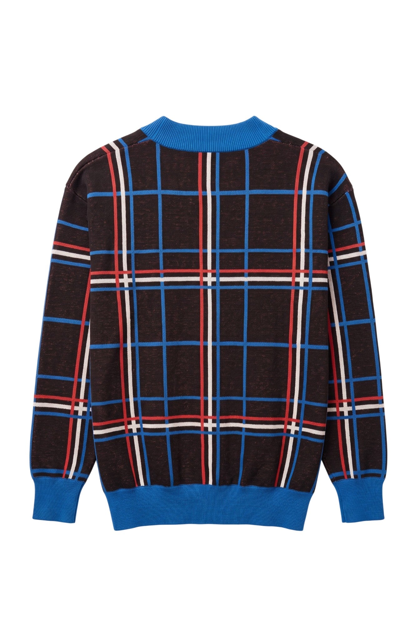 DePaul University Plaid Knit Sweater cardigan in Black with Yale Blue, Chili Red and White plaid by SOUNDOFF - back