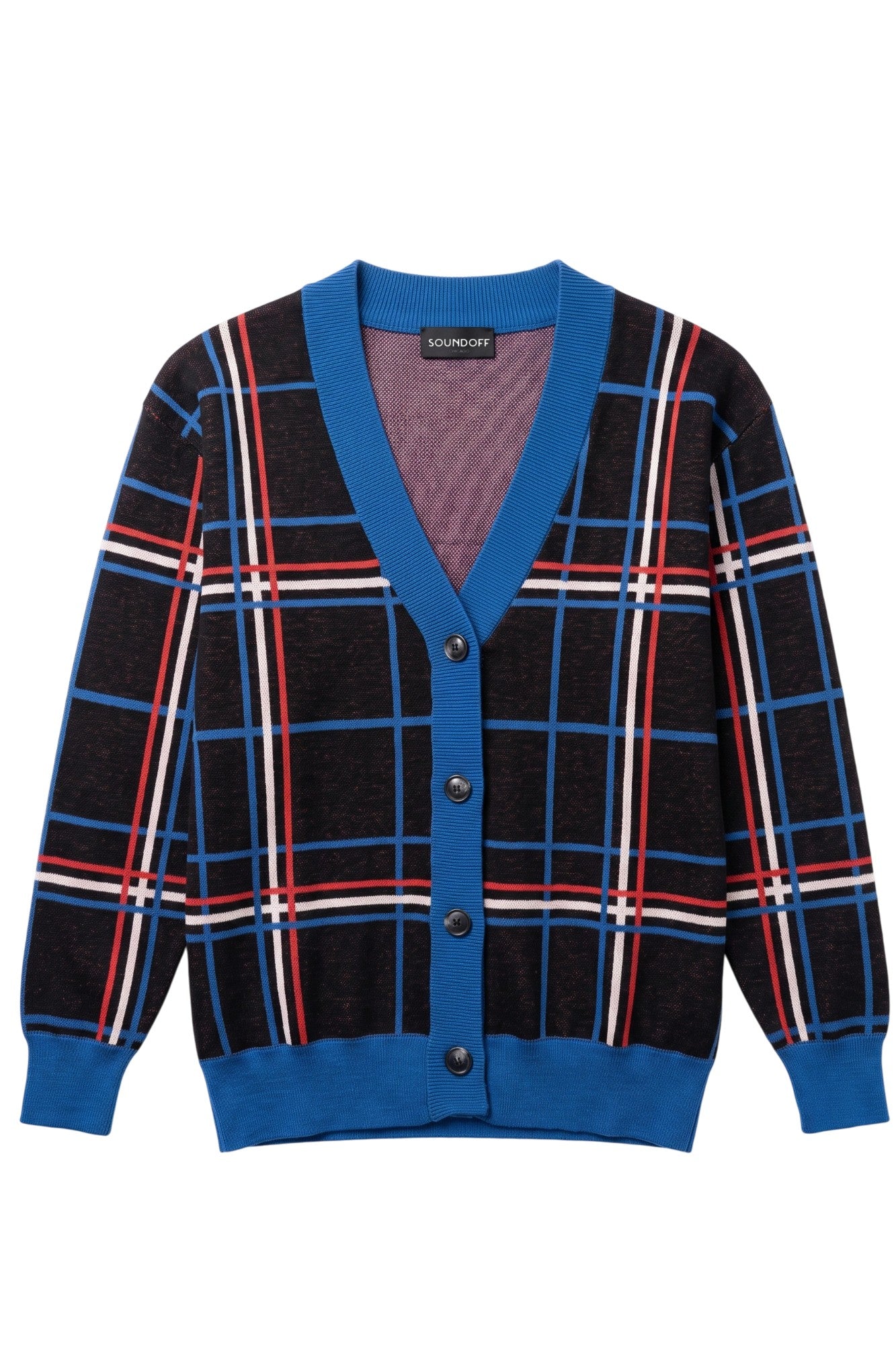 DePaul University Plaid Knit Sweater cardigan in Black with Yale Blue, Chili Red and White plaid by SOUNDOFF - front