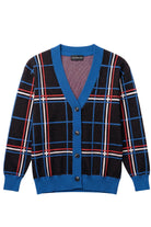DePaul University Plaid Knit Sweater cardigan in Black with Yale Blue, Chili Red and White plaid by SOUNDOFF - front