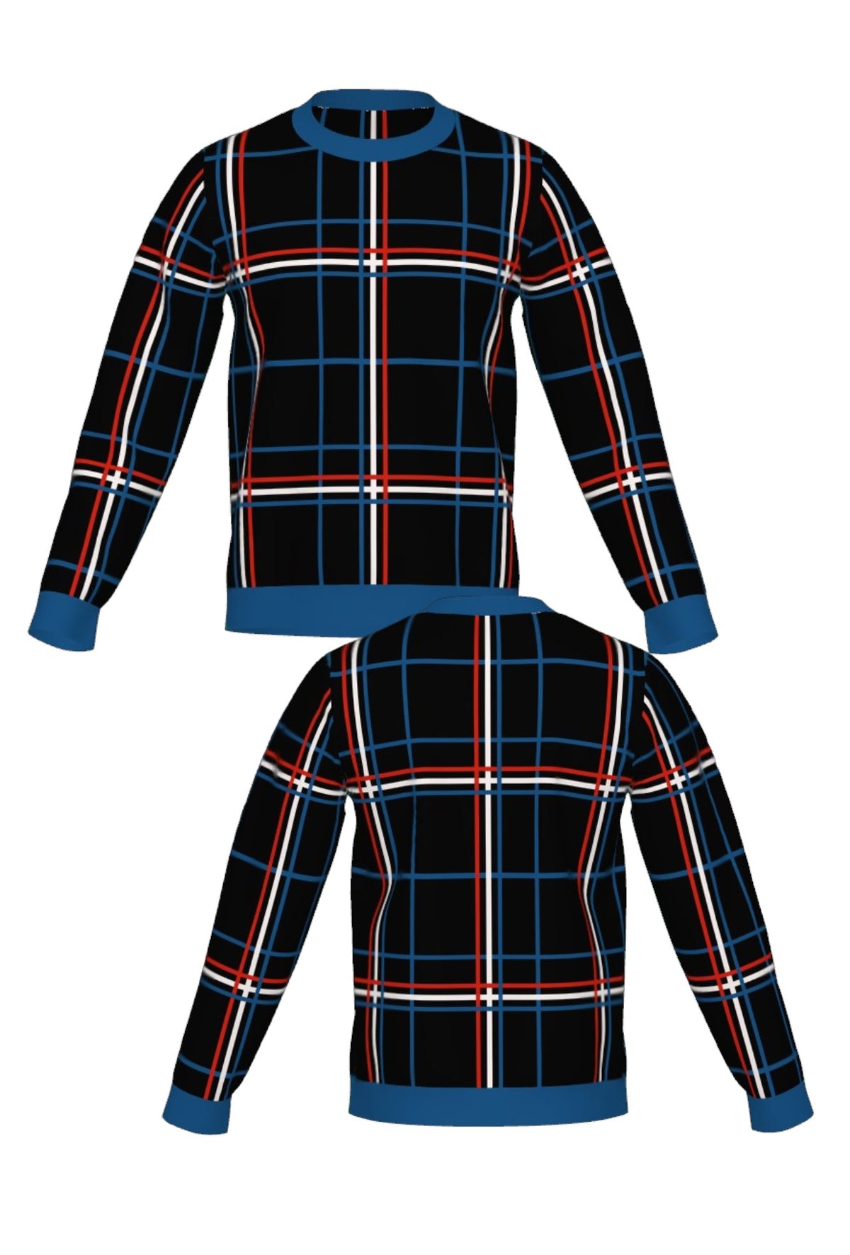 DePaul University Plaid Knit Sweater crew neck in Black with Yale Blue, Chili Red and White plaid by SOUNDOFF - front and back