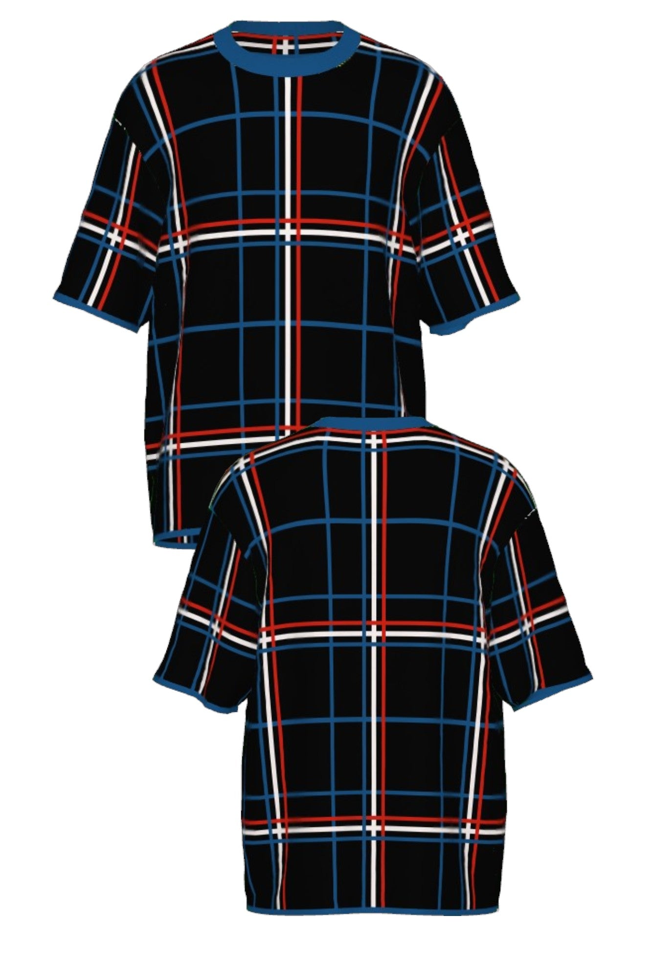 DePaul University Plaid Knit Sweater short sleeve in Black with Yale Blue, Chili Red and White plaid by SOUNDOFF - front and back