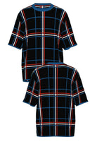 DePaul University Plaid Knit Sweater short sleeve in Black with Yale Blue, Chili Red and White plaid by SOUNDOFF - front and back