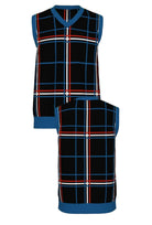 DePaul University Plaid Knit Sweater V-Neck Vest in Black with Yale Blue, Chili Red and White plaid by SOUNDOFF - front and back
