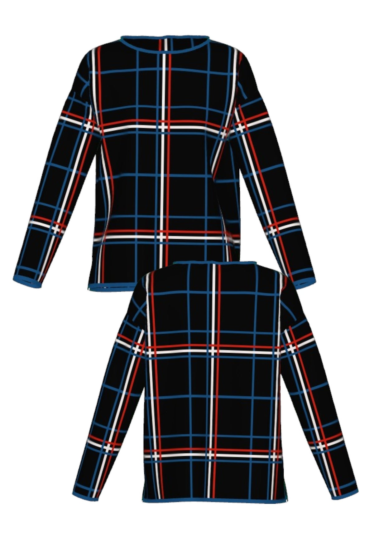 DePaul University Plaid Knit Sweater women's in Black with Yale Blue, Chili Red and White plaid by SOUNDOFF - front and back