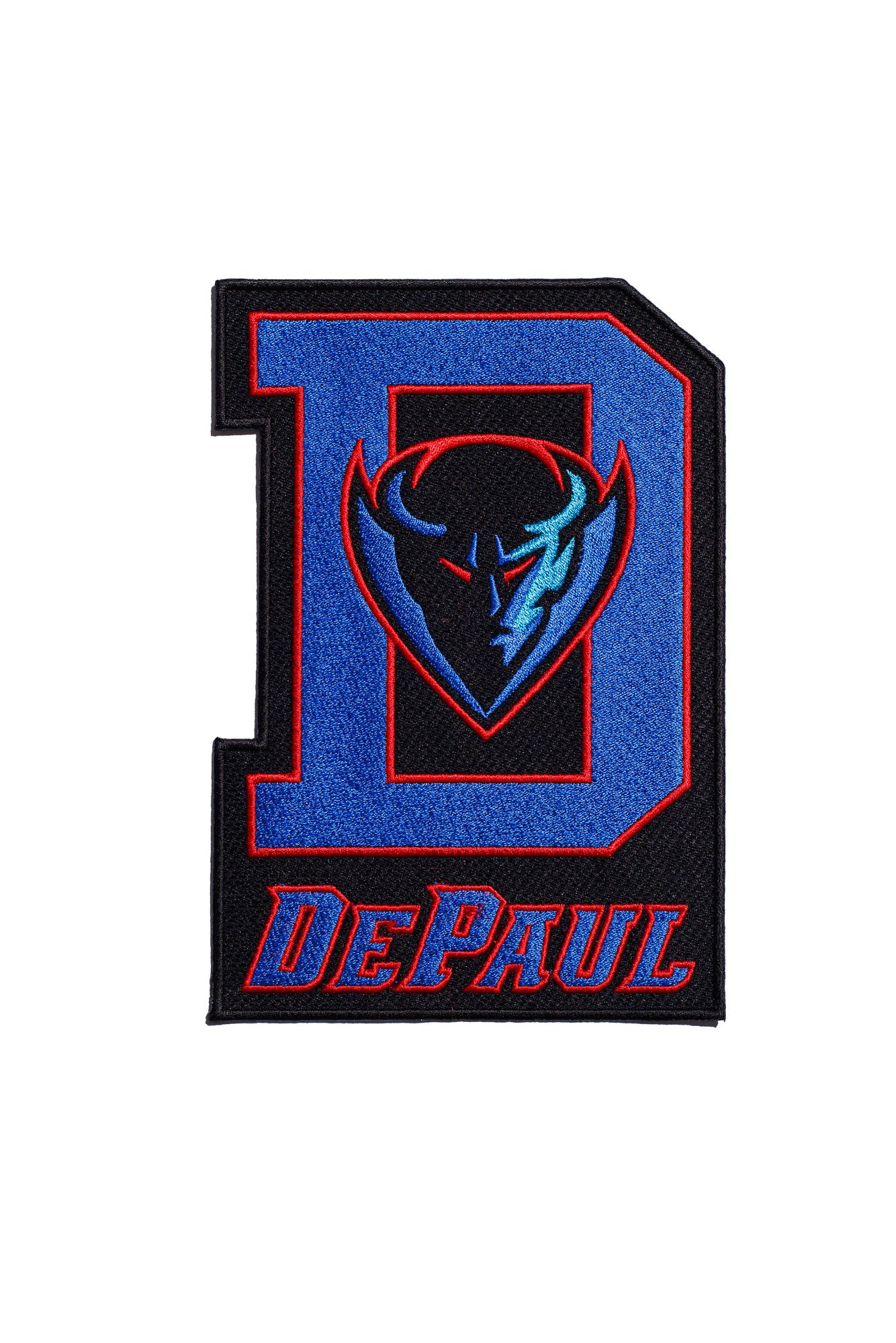 DePaul University DIBS Varsity D embroidered patch – premium iron-on patch featuring DePaul’s mascot DIBS and varsity D logo in red, blue, and black, 4.9 inches wide by 7.0 inches tall.