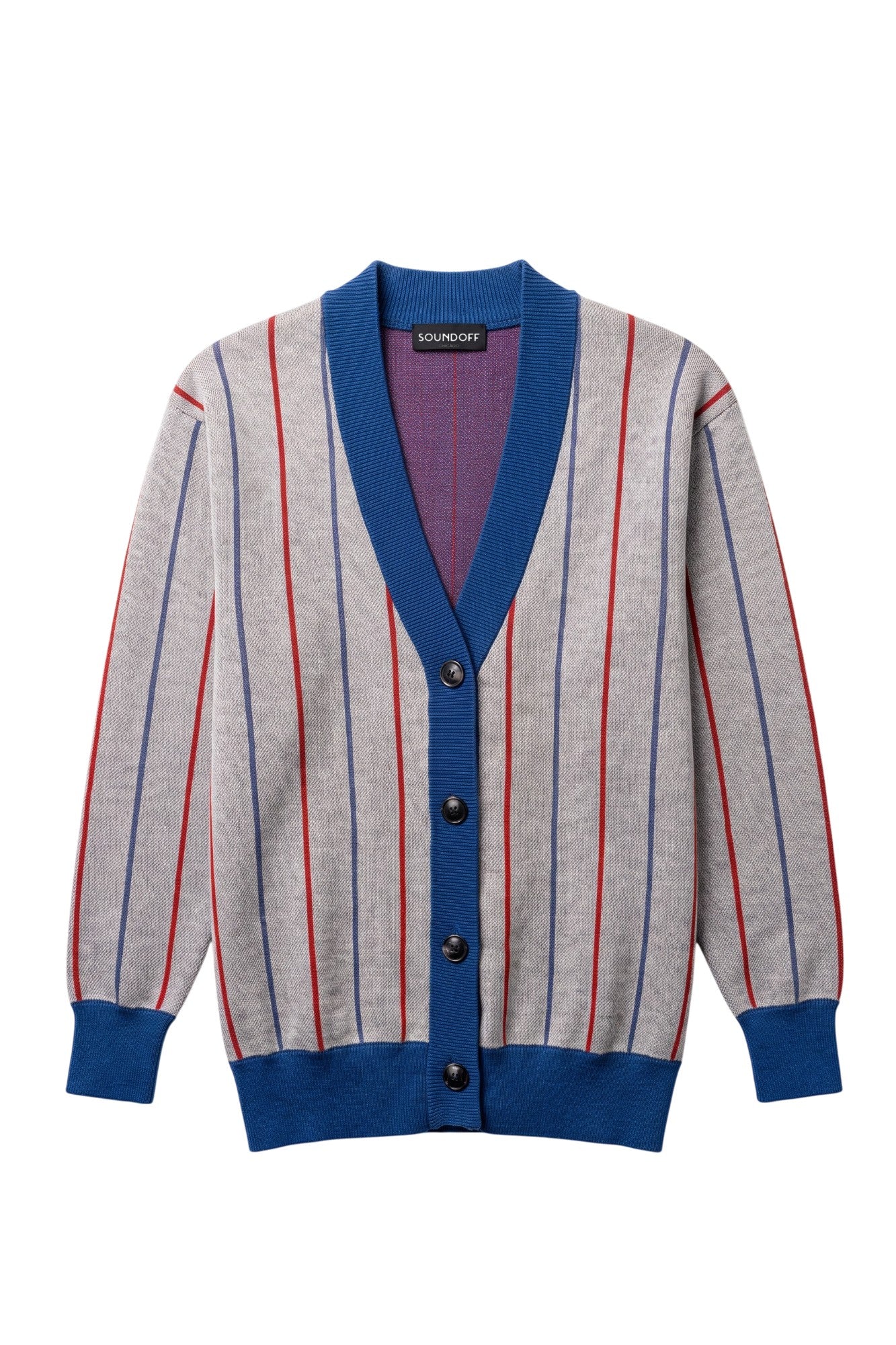 DePaul University Heritage Pinstripe Knit Sweater cardigan in Light Grey with Denim Blue and Chili Red pinstripes by SOUNDOFF - front