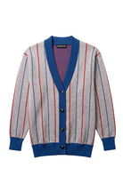 DePaul University Heritage Pinstripe Knit Sweater cardigan in Light Grey with Denim Blue and Chili Red pinstripes by SOUNDOFF - front