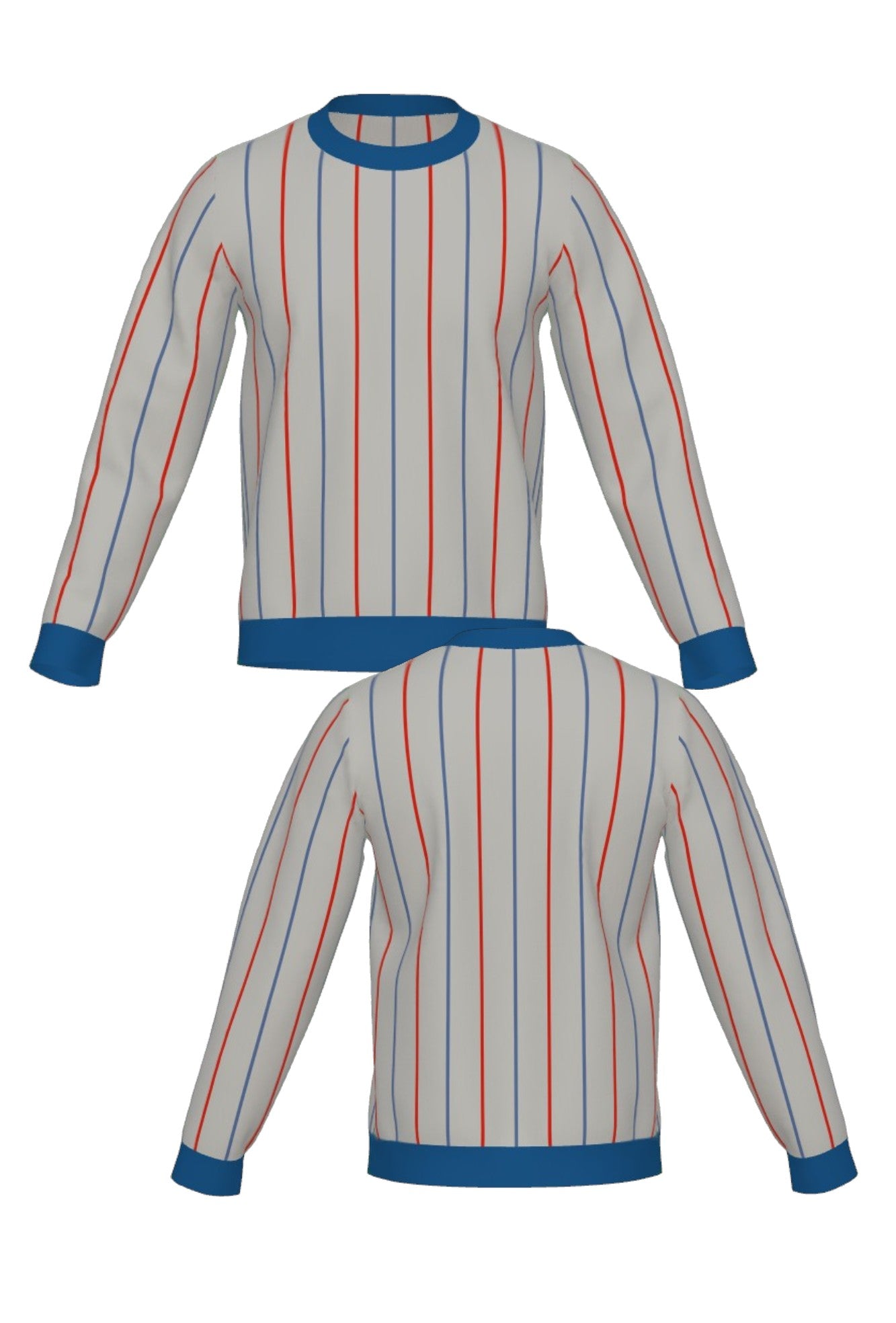 DePaul University Heritage Pinstripe Knit Sweater crew neck in Light Grey with Denim Blue and Chili Red pinstripes by SOUNDOFF - front and back