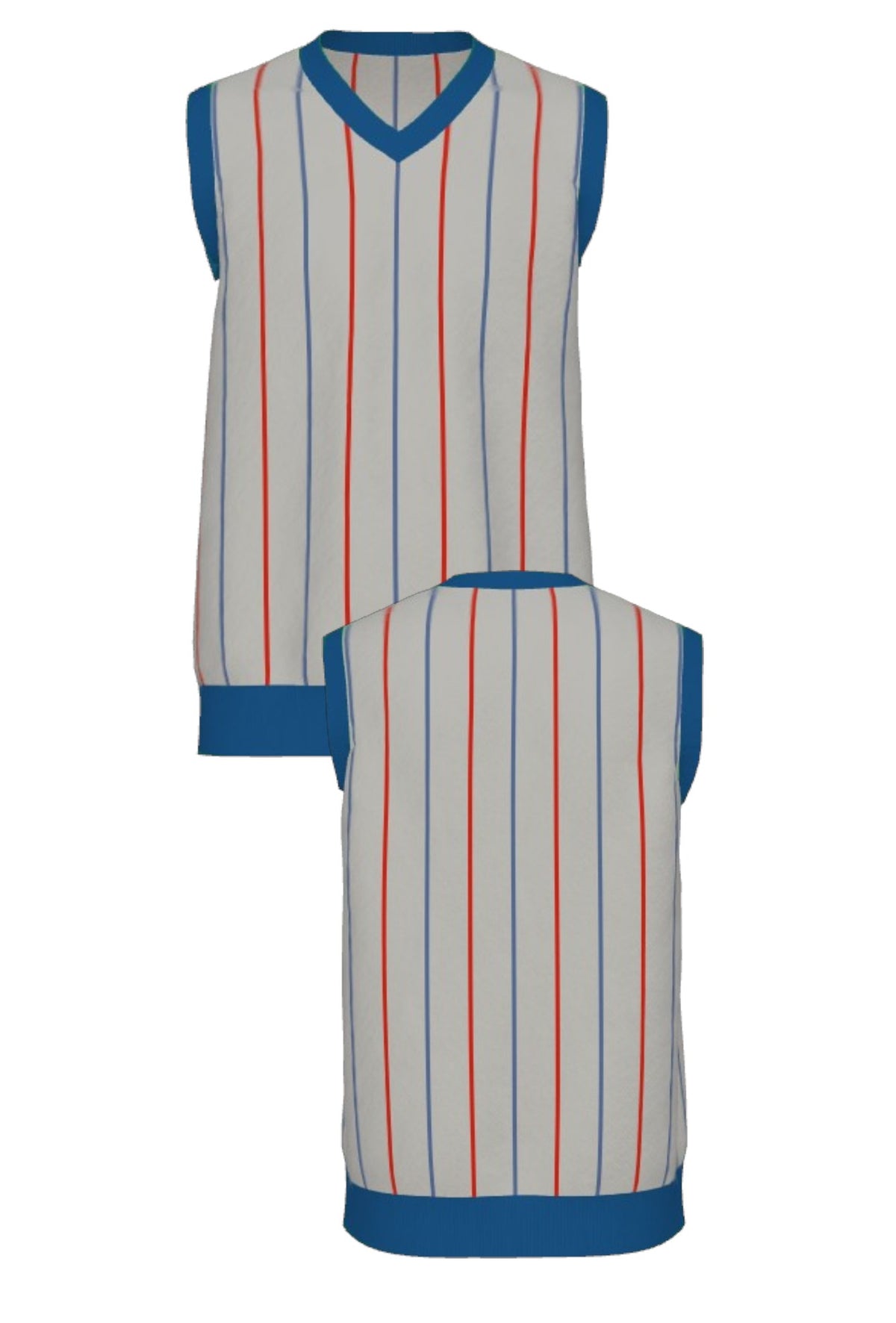 DePaul University Heritage Pinstripe Knit Sweater V-Neck Vest in Light Grey with Denim Blue and Chili Red pinstripes by SOUNDOFF - front and back