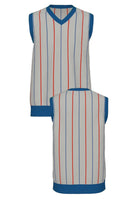 DePaul University Heritage Pinstripe Knit Sweater V-Neck Vest in Light Grey with Denim Blue and Chili Red pinstripes by SOUNDOFF - front and back
